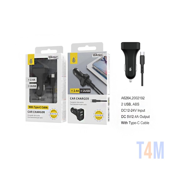 ONEPLUS CAR CHARGER ADAPTER A6264 NE WITH TYPE C CABLE 2 USB PORTS 2.4A BLACK